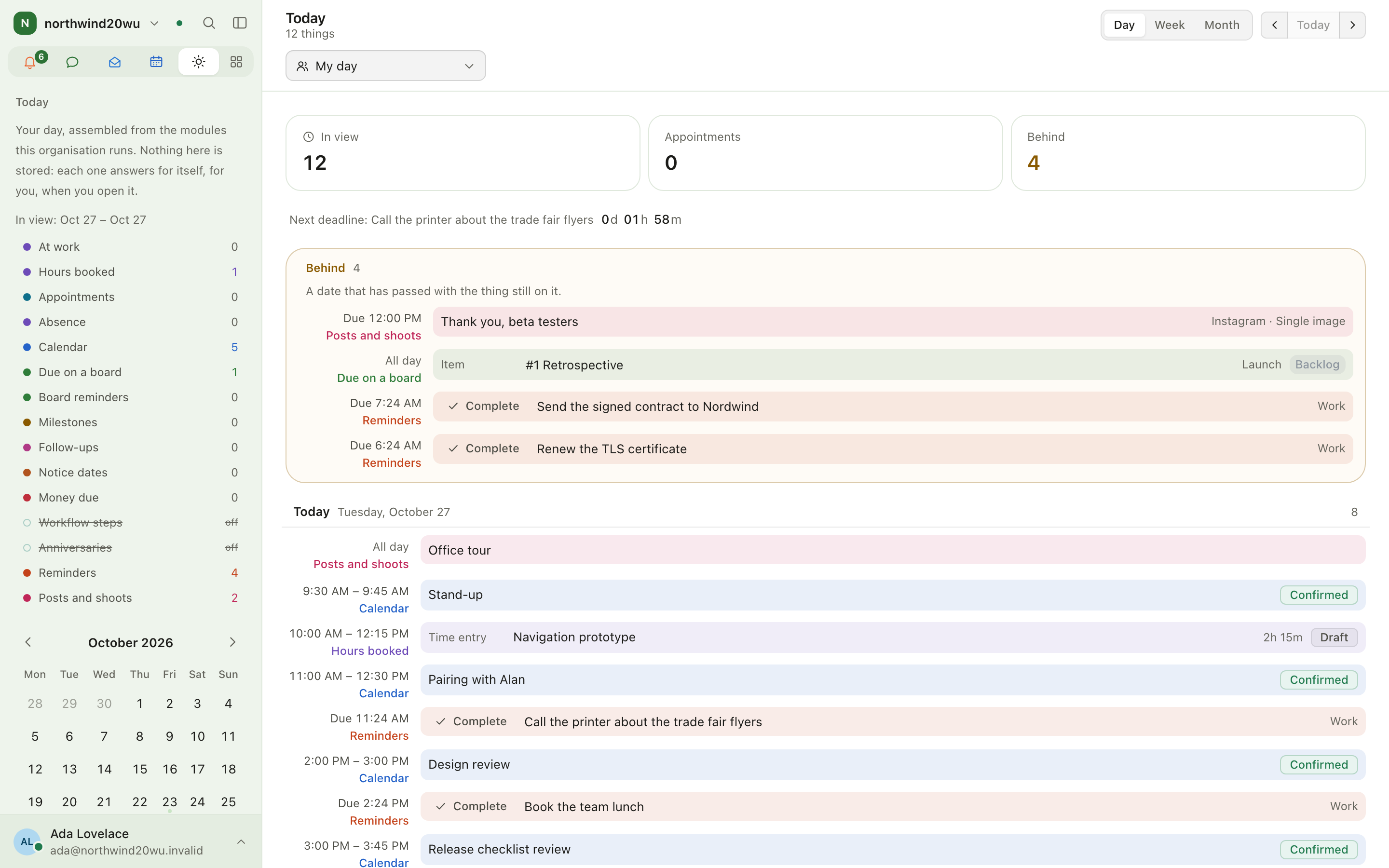 Today with appointments, hours and due tasks